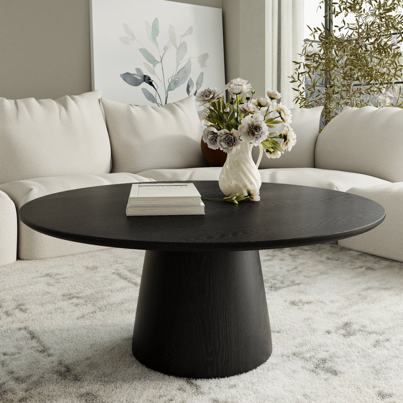 Table basse ronde / ovale en bois massif de style Mid-Century moderne pour le salon et la maison, Noir