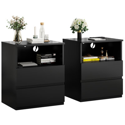 (Ensemble de 2) Table de bout moderne avec station de charge USB-C rapide - 2 tiroirs et rangement ouvert pour le salon / la chambre / le bureau