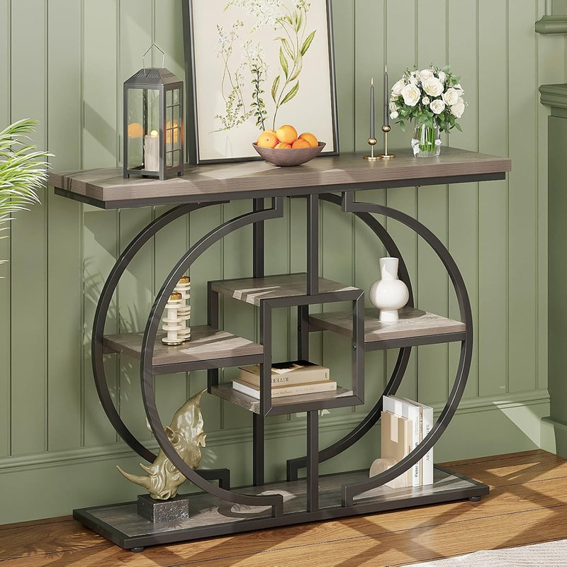 Console industrielle étroite, table d'entrée à 4 niveaux avec étagères de rangement et base circulaire – Gris