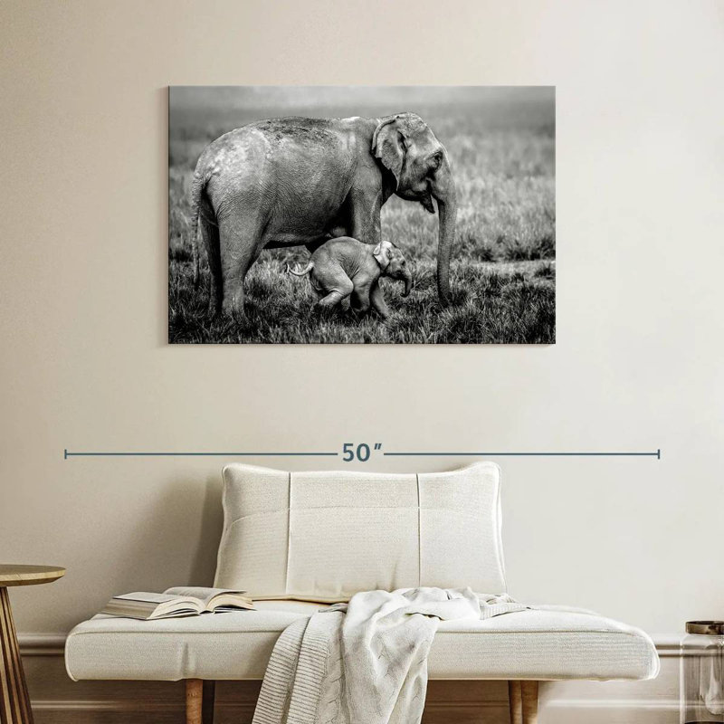 Brampt Elephant And Its Young In Assam, 26" H x 39" W