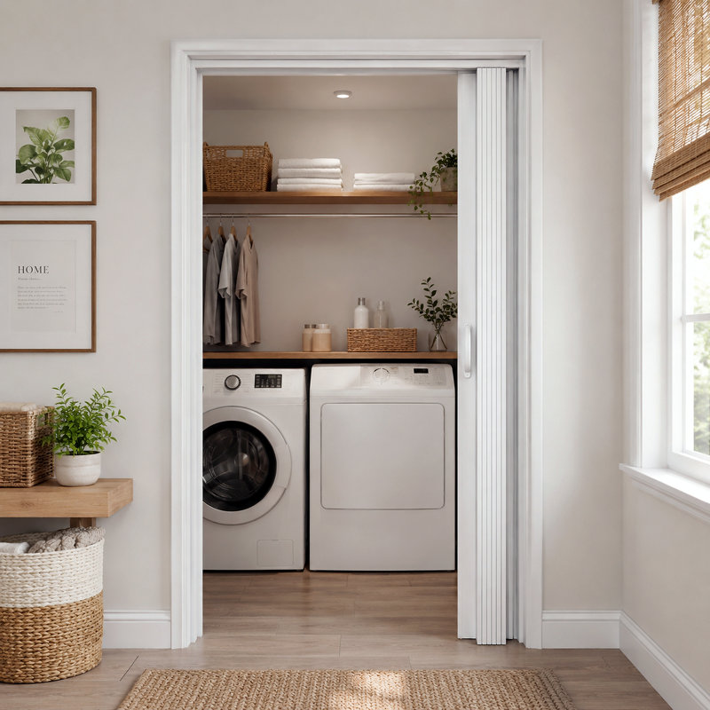 Porte pliante accordéon intérieure 60 po x 80 po en PVC blanc à double couche avec roulettes améliorées, quincaillerie complète et poignées, idéale pour les portes de placard et de salle de bain