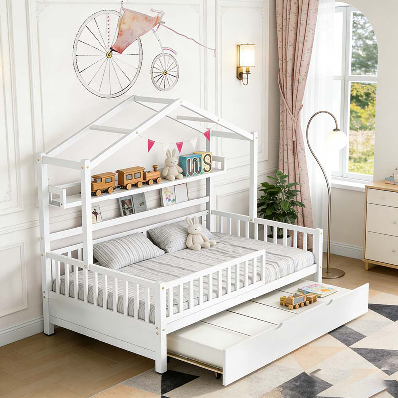 Lit double en bois avec lit gigogne simple, Double