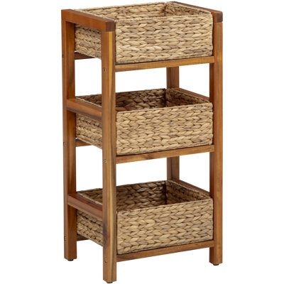 3 Tier Hardwood Frame Grocery Storage Organizer Rack, Light Oak, 3 Woven Water Hyacinth Baskets
