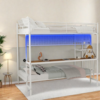 Space Saving Metal Beds with Desk LED, Modern Style for Home Dorms