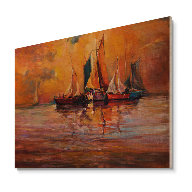 Bateaux sur l'océan pendant le coucher du soleil I - impression nautique, H 12 po x l 20 po x p 1 po, Cadre blanc