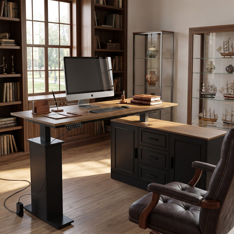 Bureau assis-debout en L noir/noyer de 140 cm (55 po) de large avec armoire de rangement et réglage en hauteur.