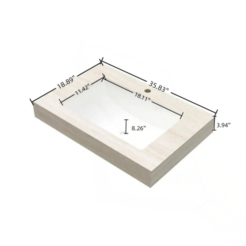 36" Travertine-Pattern Sintered Stone Countertop with Undermount Ceramic Basin, Pre-Drilled Faucet Hole (No Cabinet, Faucet & Cover)