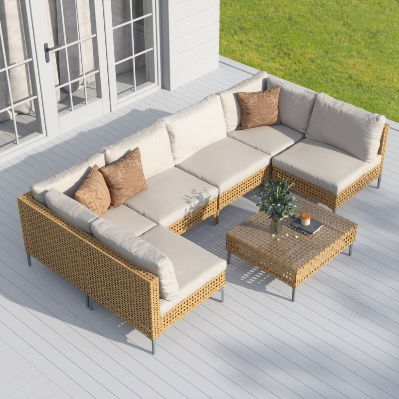7 Piece Sectional Seating Group With Cushions, Natural, Beige