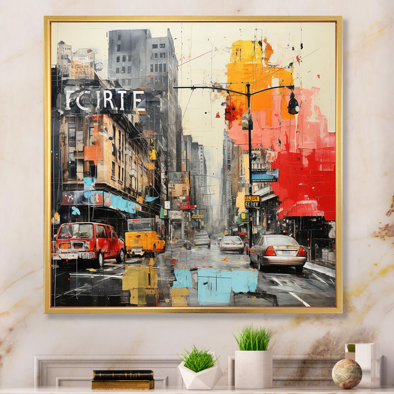 Collage urbain II sur toile, Cadre flottant doré, H 16 po x l 16 po x P 1 po