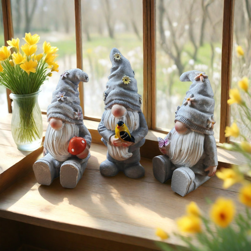 Ensemble de 3 figurines d'extérieur en résine fleurs gnomes printanières