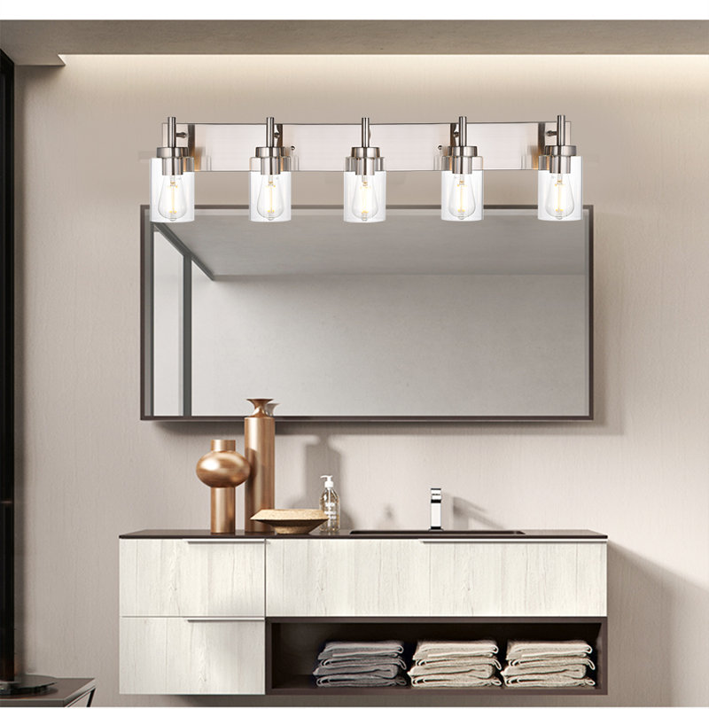 Applique murale 5 lumières en nickel brossé pour meuble-lavabo avec abat-jour en verre transparent, Nickel brossé