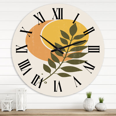 Abstrait géométrique abstrait soleil et lune avec feuille V - horloge murale moderne