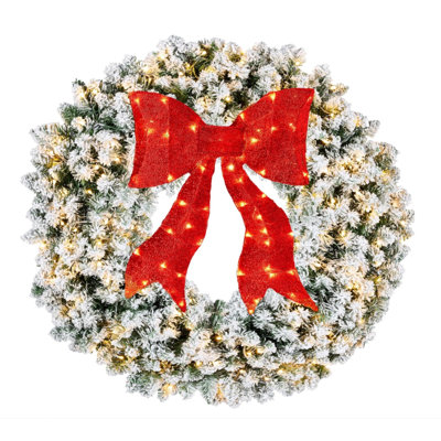 Pre-Lit Christmas Wreath with Bow, Winter Artificial Wreath with Lighted Bow, Xmas Decoration for Indoor Outdoor Holiday Party