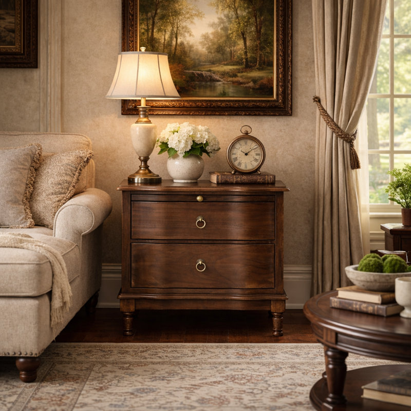 Elfine Traditional 2-Drawer Solid Wood End Table with Built-In Outlet and Curved Drawer Fronts - Walnut