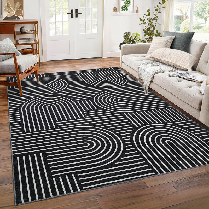 Living Room Rug 8x10 Modern Abstract Rug Non Slip Washable Foldable Geometric Stripe Carpet Non Shedding Floor Covering Mat for Office Black