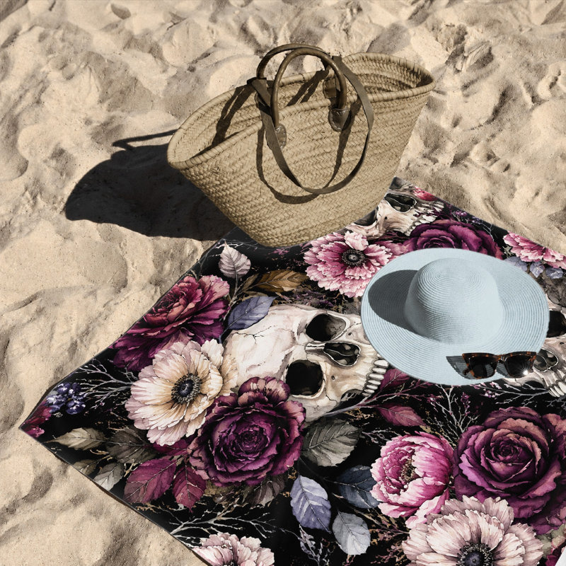 1Pcs Skull Flower Beach Towel, Gothic Floral Design, Large Microfiber Quick Dry for, Pool, Travel, Camping, Unisex