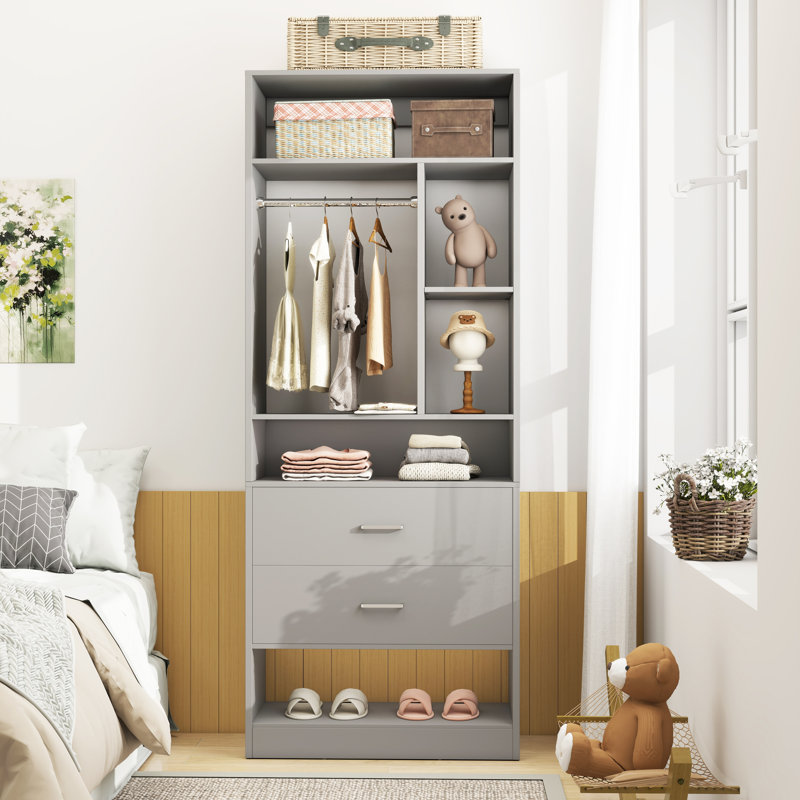 Freestanding Small 24" Closet System With 2 Wood Drawers, Gray
