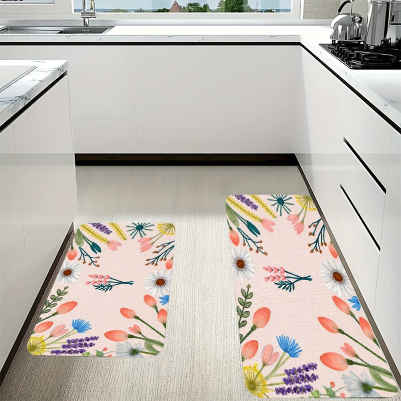 Ensemble de 2 tapis de cuisine pastel à motif floral et herbes