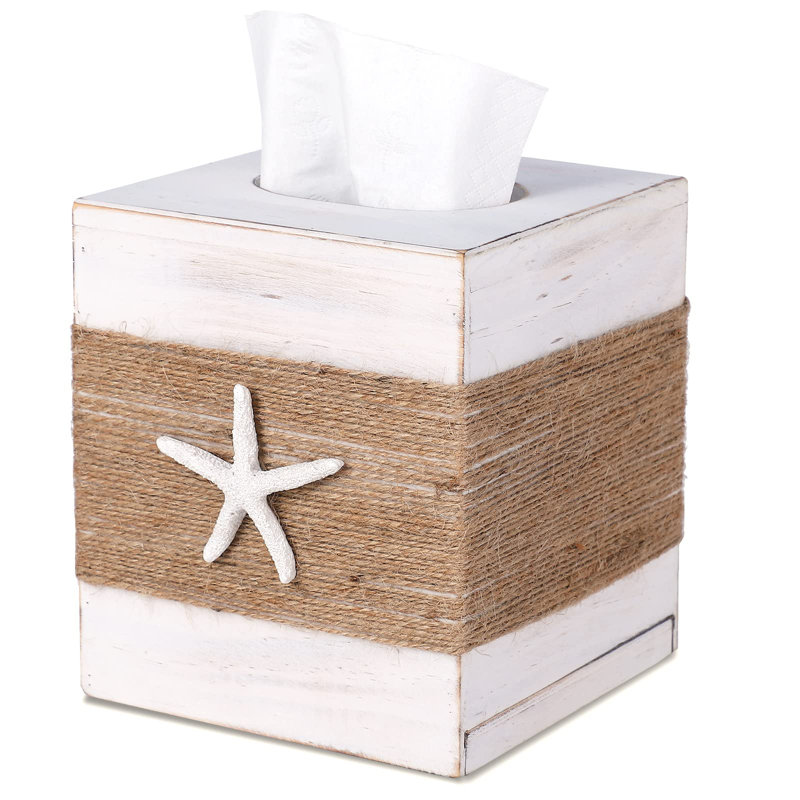 Porte-mouchoirs carré en bois blanc rustique Beach