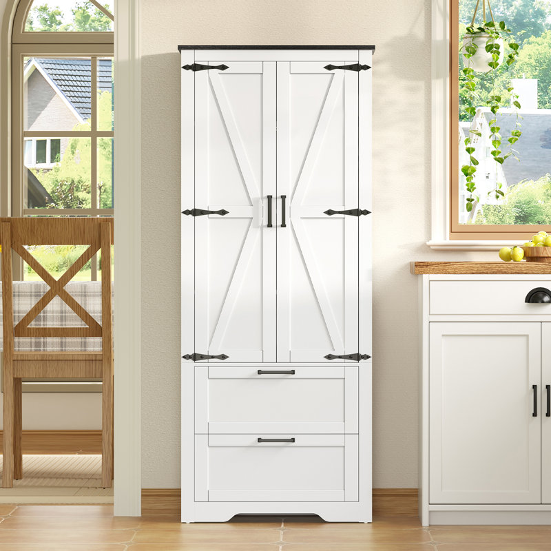 Farmhouse Storage Cabinet, Bathroom Storage Cabinet With With 2 Doors & Drawers, 66.2" H x 23.6" W x 11.8" D, White