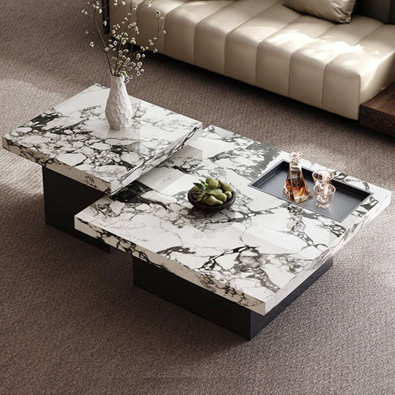 Ensemble de tables basses carrées en bois massif gris + pierre + acier au carbone, 19.69" H x 80.71" W x 47.24" D