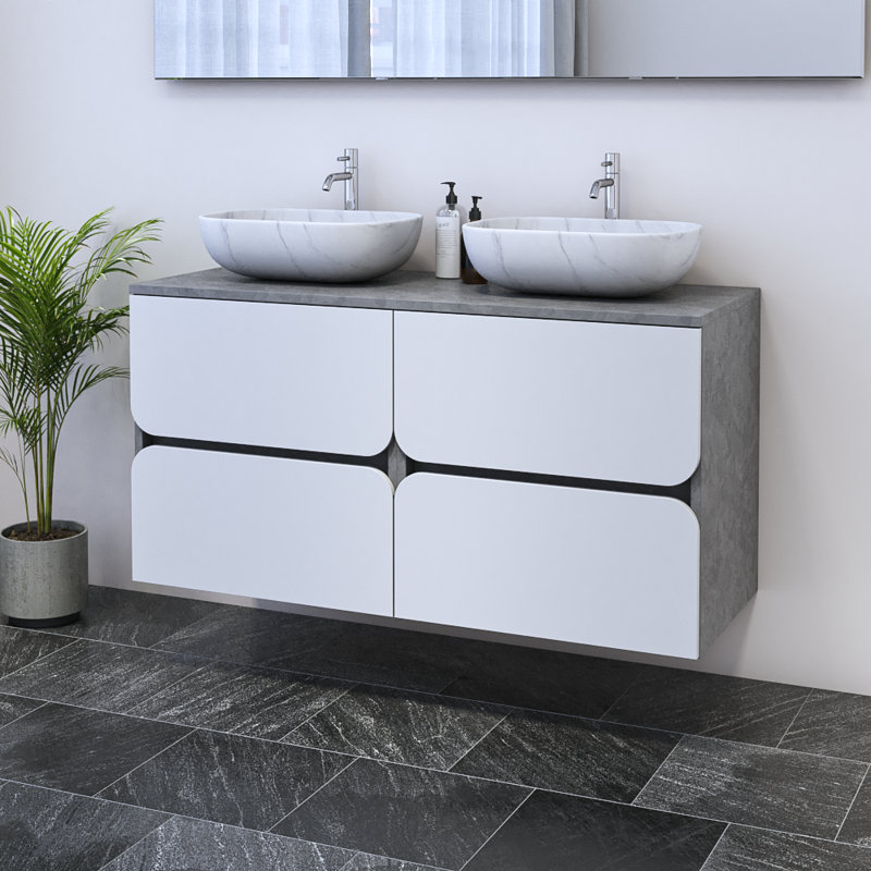 Meuble-lavabo double 47,2 po avec dessus Kaydin, Blanc, Béton