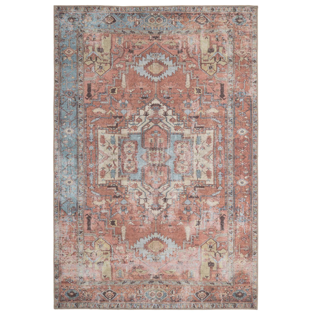 Machine Washable Terracotta Traditional Tribal Patterned Distressed Living Room Area Rug