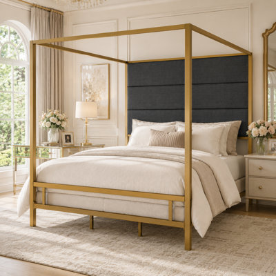 Carnahan Metal Canopy Bed with Tall Linen Upholstered Headboard, Box Spring Needed