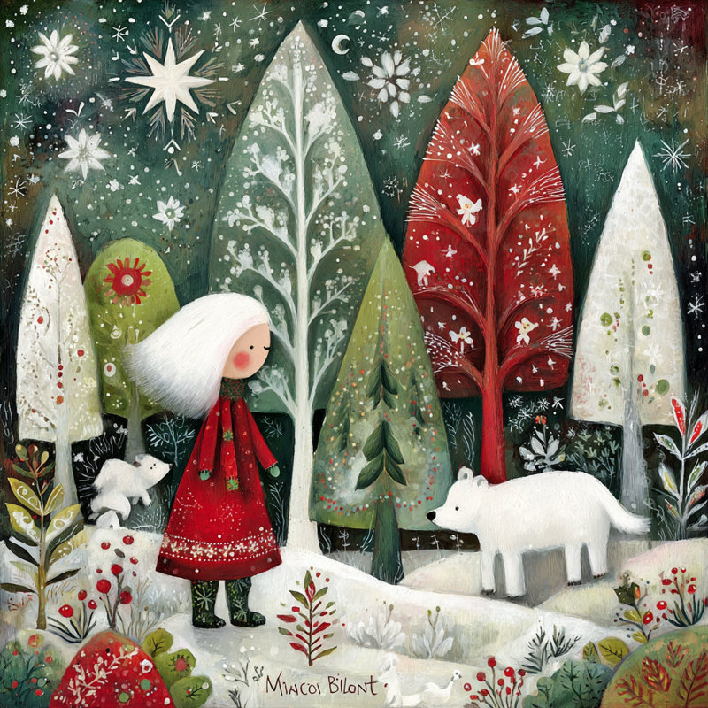 Winter Walk with White Bear Wrapped Canvas Wall Art, 12" H x 12" W