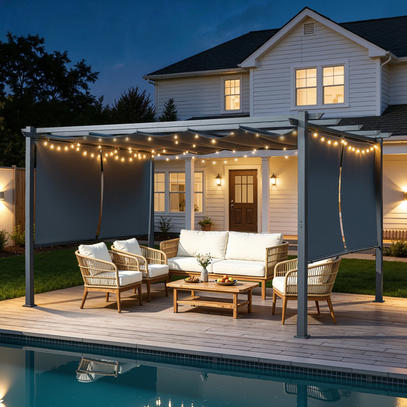 Pergola en aluminium 10 x 13 pi avec toile rétractable ERommy, cadre en métal robuste et toile d'ombrage réglable, gris