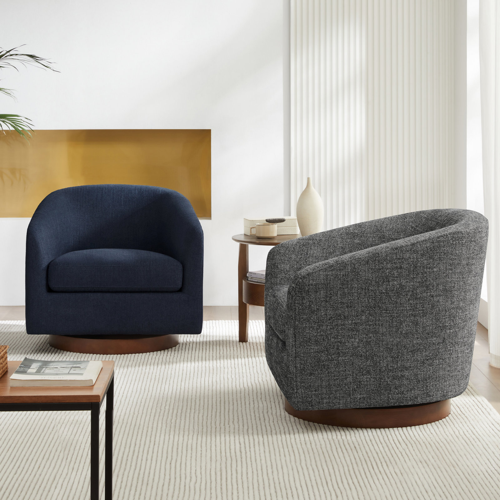 Bennett Swivel Barrel Chair, Flannigan Midnight Tweed