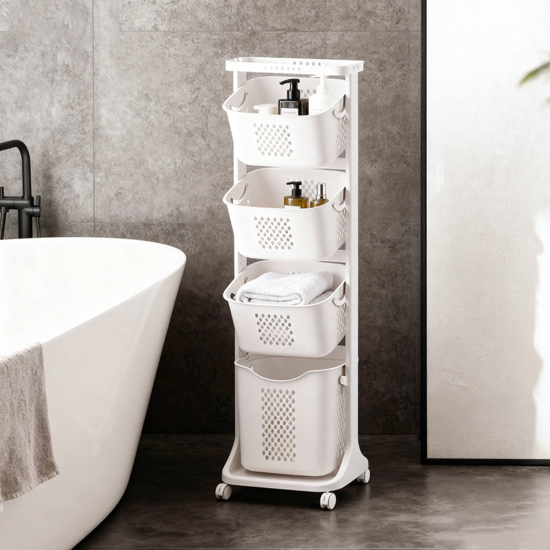 Four-Layer Laundry Basket Sorte，Movable Dirty Laundry Basket，Multifunctional Household Storage Basket,White.