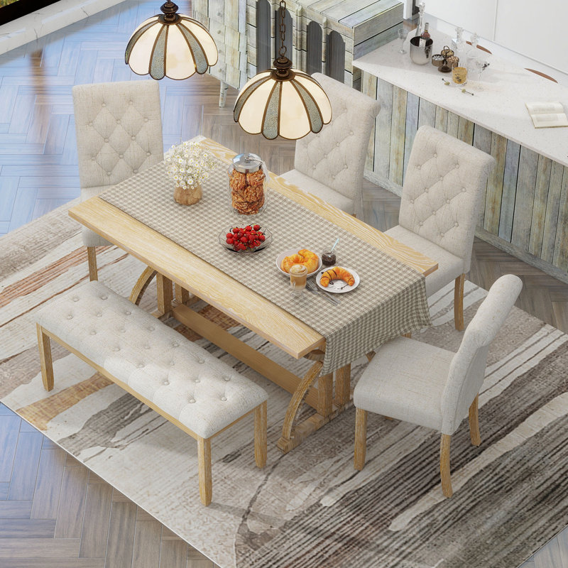 Ensemble de table de salle à manger 6 pièces avec 4 chaises rembourrées et 1 banc, Bois naturel délavé