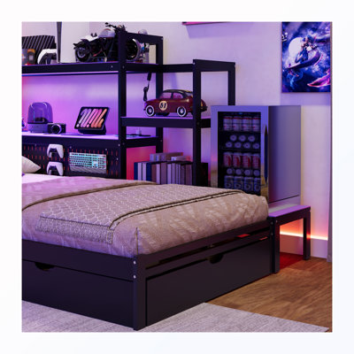 Lit de jour simple avec bureau, lumière DEL et tiroirs, station de charge et bibliothèque intégrées