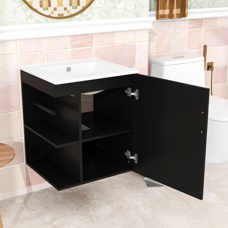 Meuble-lavabo mural avec lavabo en céramique, tablettes ouvertes et armoire de rangement, Noir