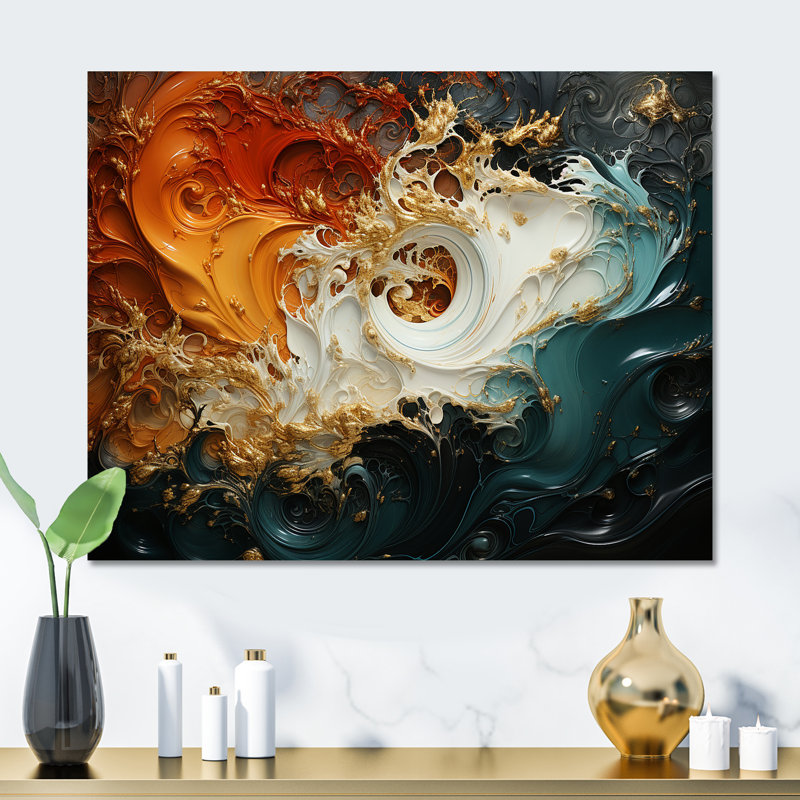 Tempête blanche I, encre blanche et orange I - Art mural abstrait en métal MT137146, 12" H x 20" W x 1" D