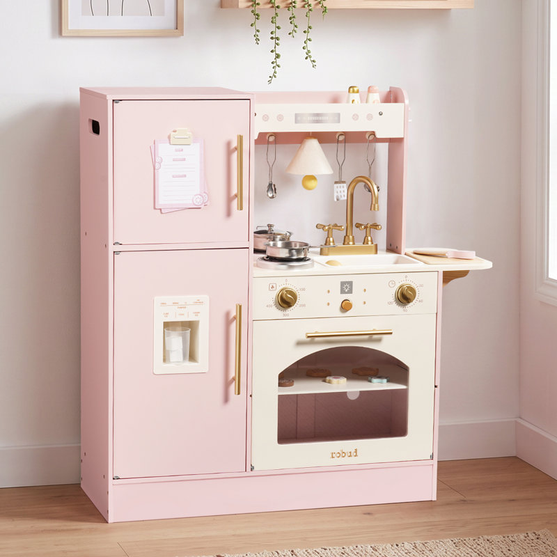 Cuisine de jeu en bois, ensemble de cuisine avec réfrigérateur, rose