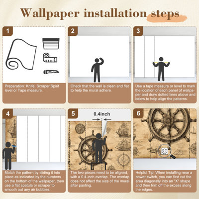 Peel and Stick Wallpaper 96" L x 69" W Modern Self Adhesive Wall Mural for Bedroom - With Vintage Nautical Ship Wheel Maritime Compass Sailing Schematics Print