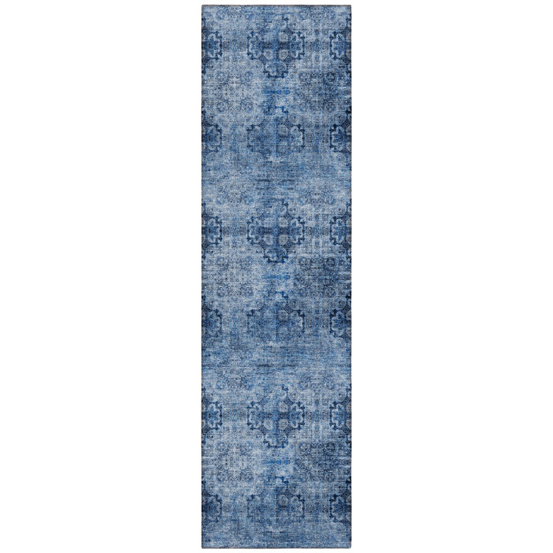 2' X 8' Navy Blue Floral Medallion Washable Non Skid Indoor Outdoor Runner Rug