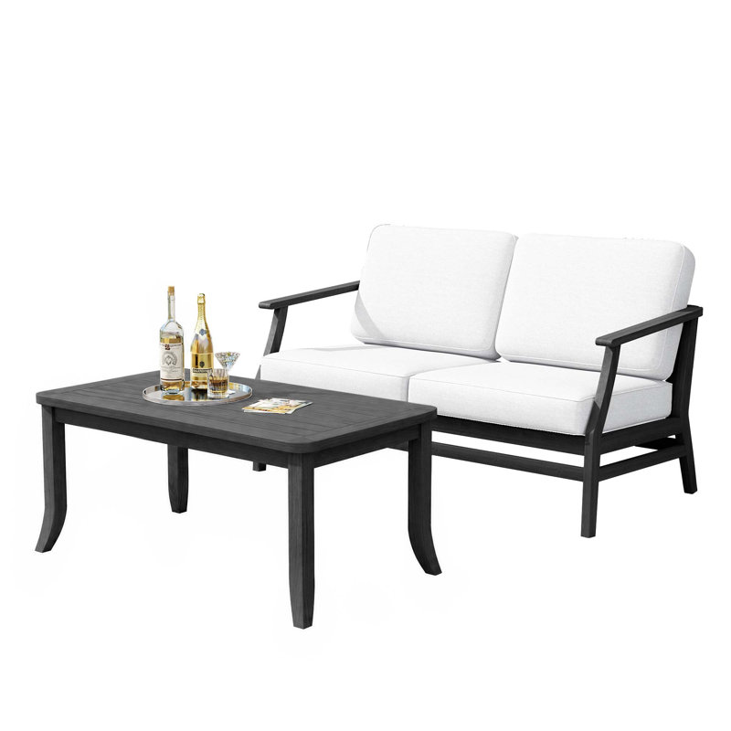 Polett Teak Outdoor Two-person Patio Set With Cushions And Side Table, Beige, Black