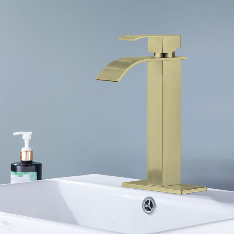 Robinet de lavabo de salle de bain à poignée simple à un trou avec plateforme et bec cascade (paquet de 1), Or brossé