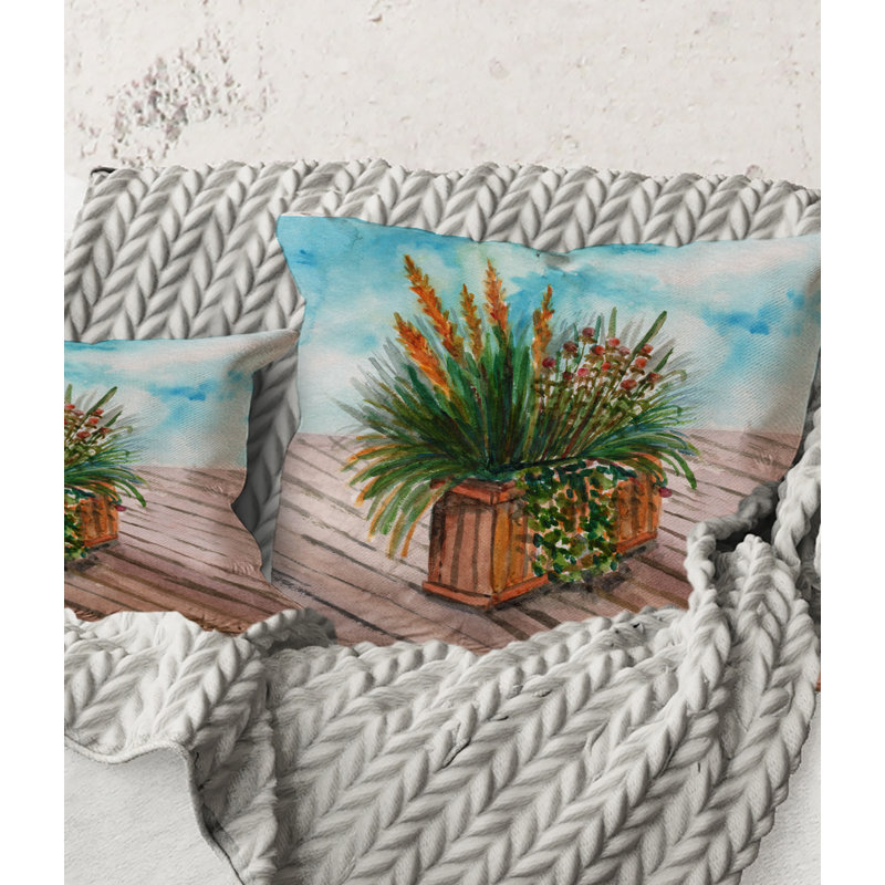 Carré, épillets jaunes de plante d'intérieur avec tiges vertes - coussin décoratif traditionnel, 16" x 16"