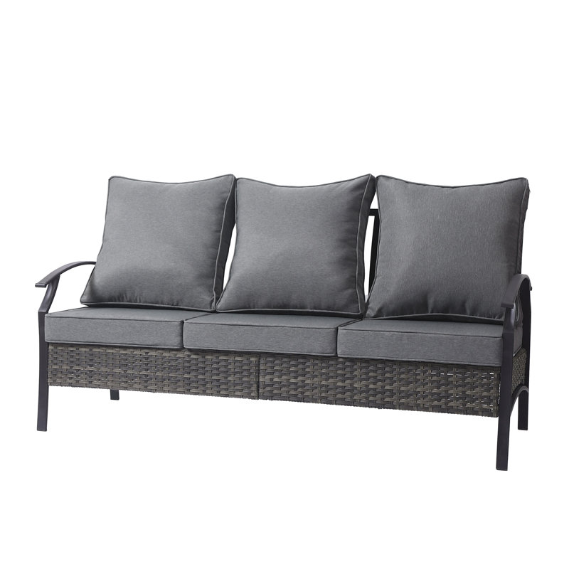 Charron Metal 3-person Patio Outdoor Sofa with Cushions and Wicker Decor, Gray