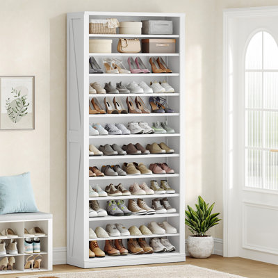 Shoe Storage Cabinet, 12 Tiers Freestanding Shoe Cabinets, Wooden Shoes Rack with Cubby, 44-48 Pairs, Farmhouse Tall Shoes Cubby Organizer for Entryway, Living Room, White