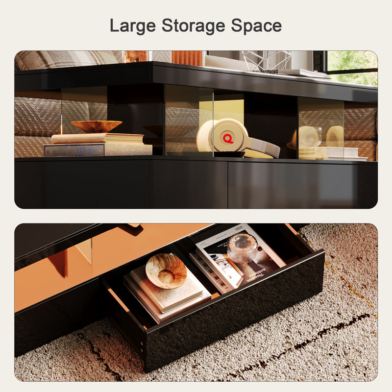 Wrought Studio™ High Glossy LED Coffee Table With Drawer, Black