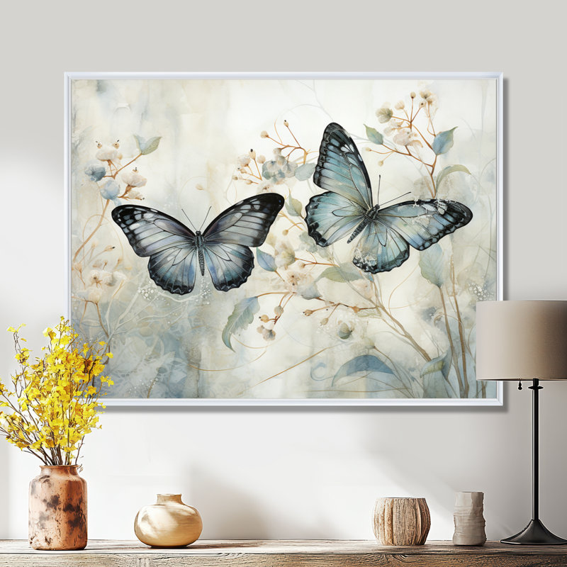 «Blue Beige Butterfly Wings Of Serenity», art sur toile papillon, H 24 po x l 32 po, Reproduction avec cadre flottant, White