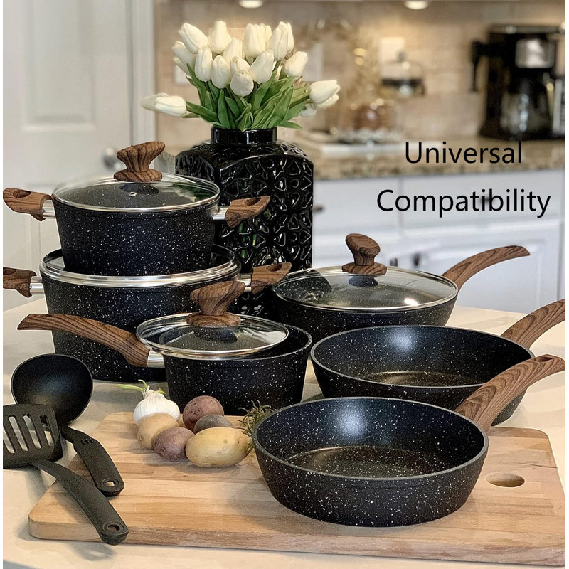 Granite Black 12-Piece Nonstick Induction Cookware Set with Wood Handles