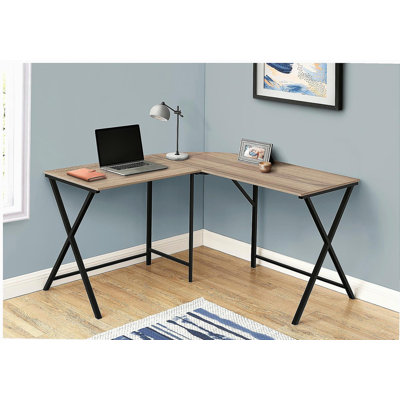 Bureau d'ordinateur, bureau personnel, coin, L 55 po, forme en L, travail, ordinateur portable, stratifié brun, métal noir, contemporain, moderne