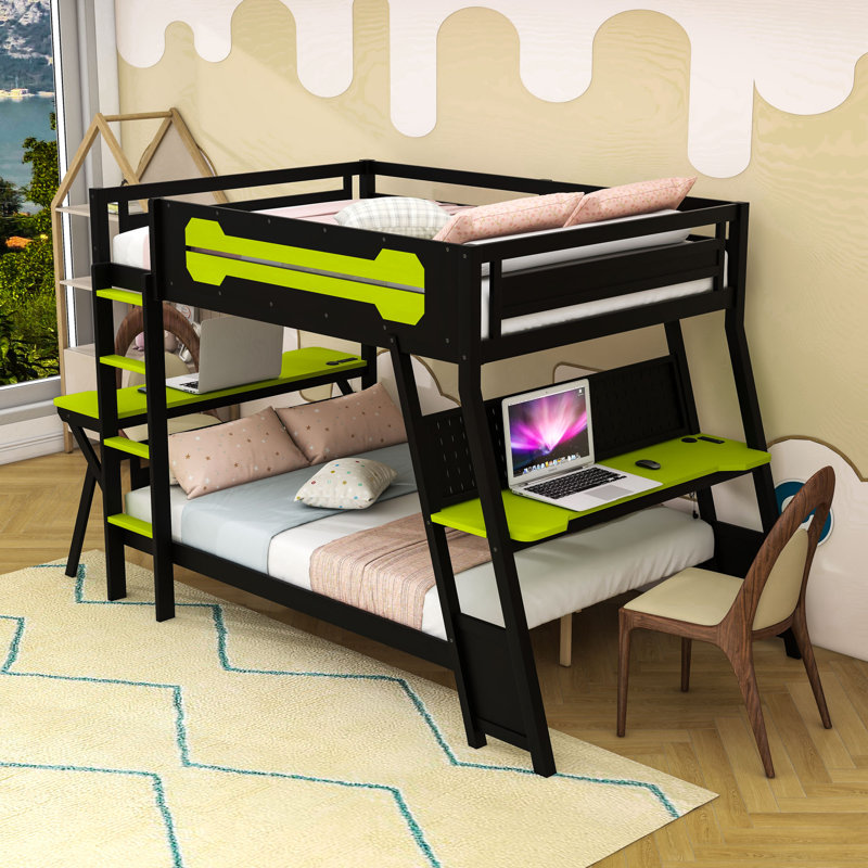 Lit superposé avec ports USB intégrés et panneau perforé, double bureau, Lit superposé double sur double, Vert