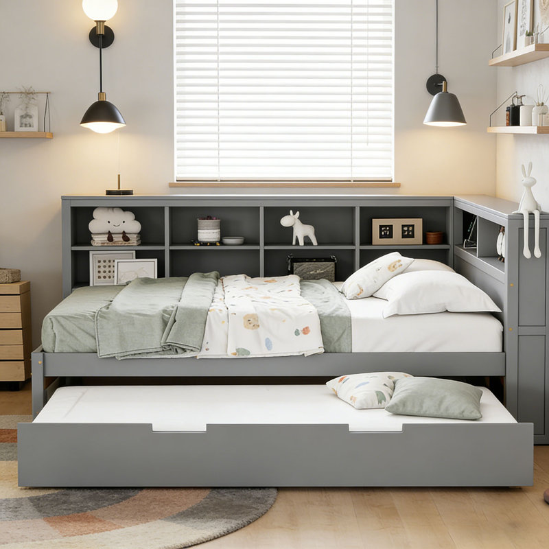 Wooden  Daybed With Twin Size Trundle, Gray, Full